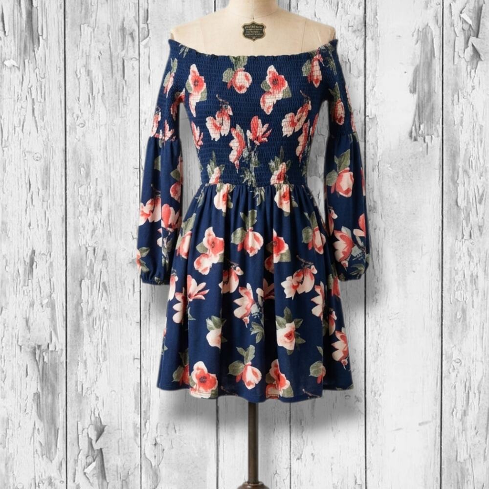 J for Just! Women's Navy Coral Floral Smocked Long Bishop Sleeve Mini Dress med - Picture 9 of 9